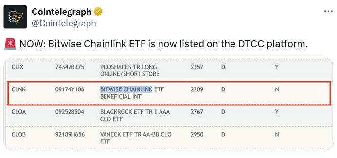Bitwise Chainlink ETF Joins DTCC Registry, Hinting at Potential Launch Amid SEC Delays 1 019a7656 a6cd 765a a1ba be4788768e55