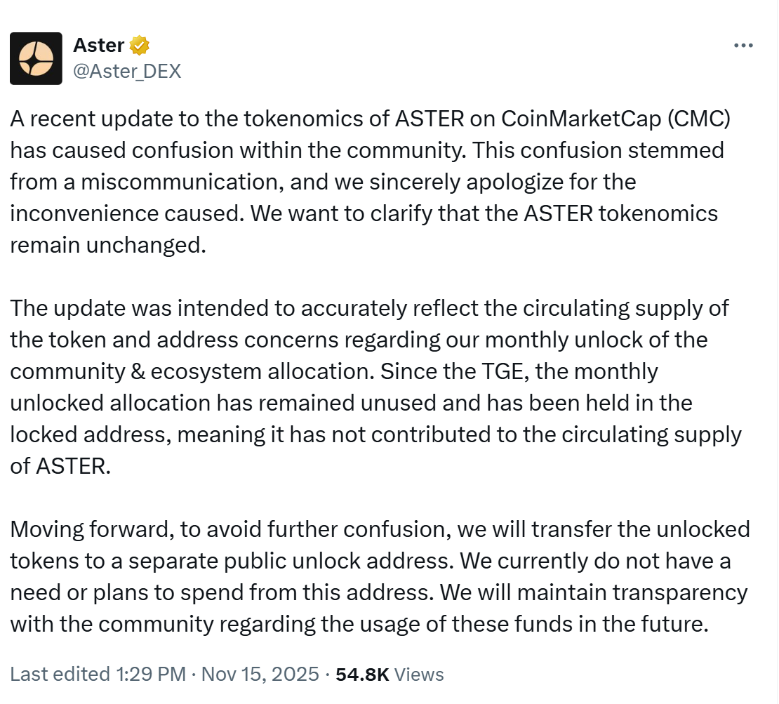 Aster Clarifies Unchanged Tokenomics After CMC Update Confusion, Moves Unused Tokens to Public Wallet 1 019a8782 c244 7250 831c e1af1b6d917f
