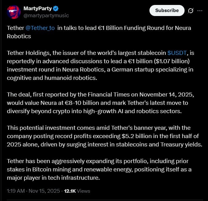 Tether in Advanced Talks for €1 Billion Robotics Investment via USDT Liquidity 1 tether