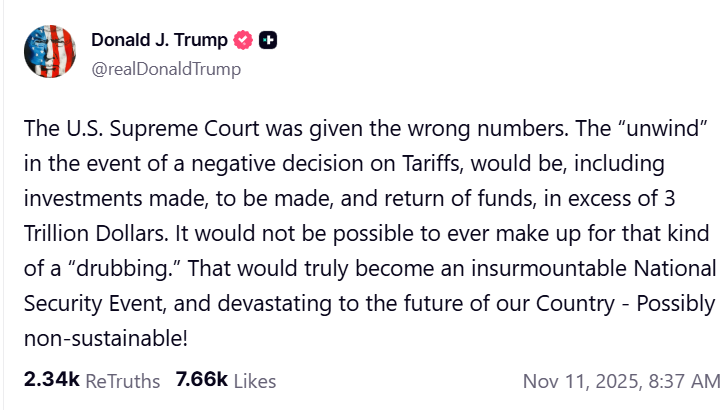 Wrong tariffs numbers to US Supreme Court could result in over $3T refunds, Trump